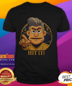 Funny Star Trek cartoon featuring a captain with the phrase 'Hit It!' on a sci-fi parody T-shirt design.
