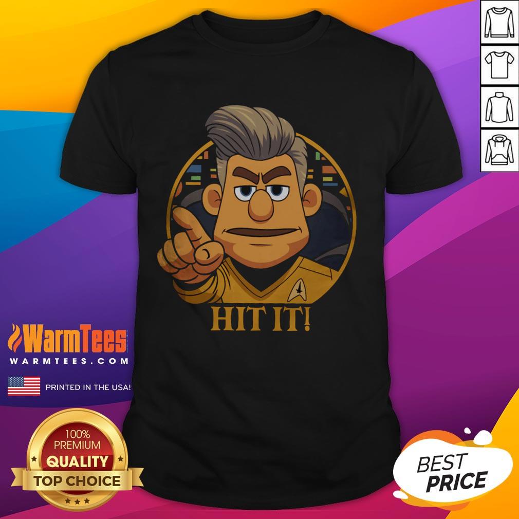 Funny Star Trek Cartoon Captain Hit It! Sci Fi Parody T Shirt Funny Star Trek cartoon featuring a captain with the phrase 'Hit It!' on a sci-fi parody T-shirt design.