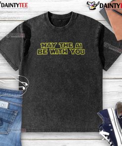 Alt Text: Funny Star Wars May The AI Be With You washed t-shirt featuring playful design and vibrant colors. Perfect for fans!