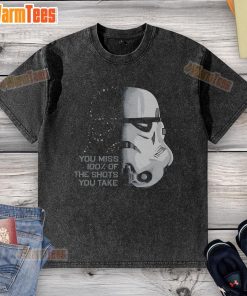 Funny Star Wars Stormtrooper T-shirt featuring the quote 'You miss 100% of the shots you take' in a playful design.