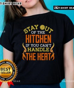 Alt Text: Funny 'Stay Out Of The Kitchen If You Can't Handle The Heat' pickleball ladies tee with vibrant graphics.