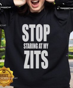 Alt Text: Funny Stop Staring At My Zits Sweatshirt featuring a humorous graphic and vibrant colors, perfect for casual wear.