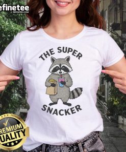 Alt Text: Funny Super Snacker Raccoon Ladies Tee featuring a playful raccoon design perfect for snack lovers.
