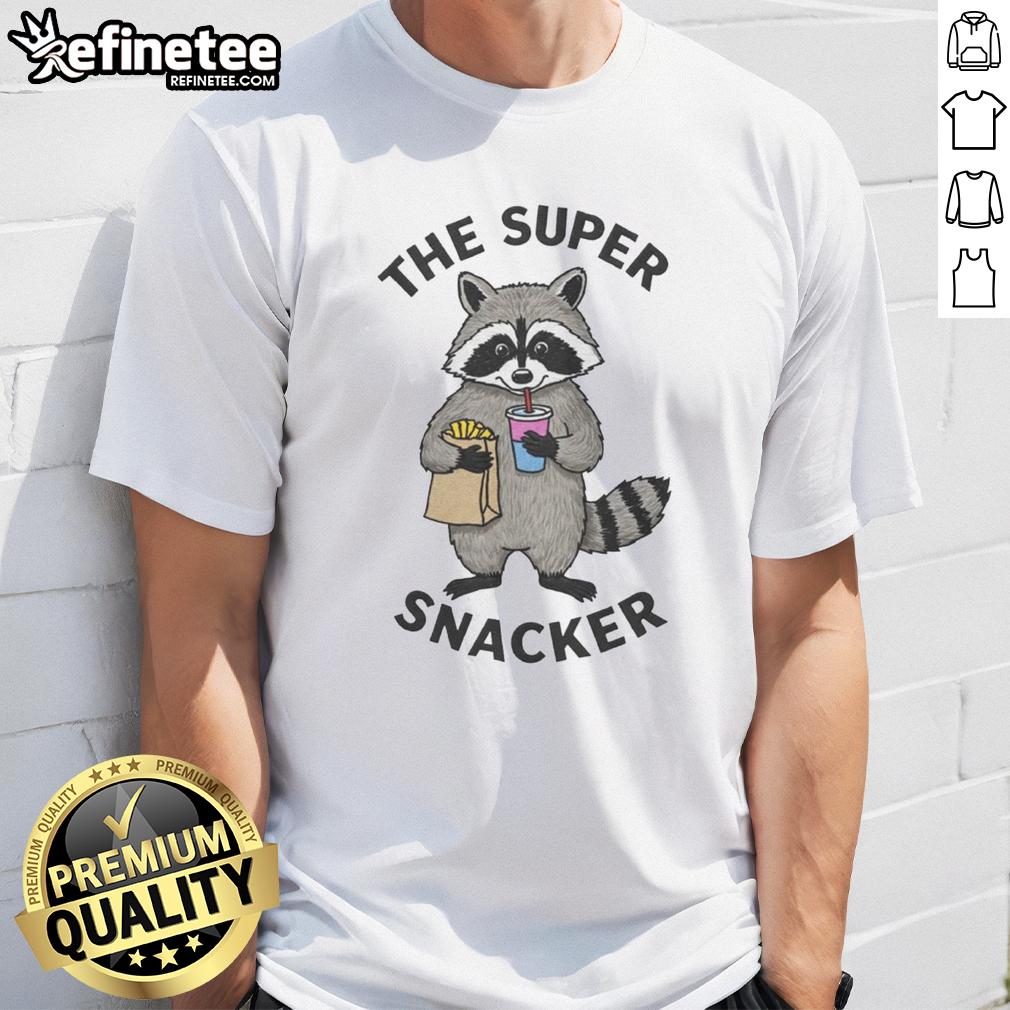 Funny Super Snacker Raccoon T Shirt Alt Text: Funny Super Snacker Raccoon T-Shirt featuring a playful raccoon munching on snacks, perfect for animal lovers and humor fans.