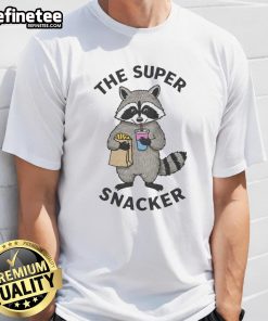 Alt Text: Funny Super Snacker Raccoon T-Shirt featuring a playful raccoon munching on snacks, perfect for animal lovers and humor fans.