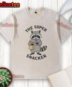 Funny super snacker raccoon wearing a washed t-shirt, showcasing a playful and quirky design for animal lovers.