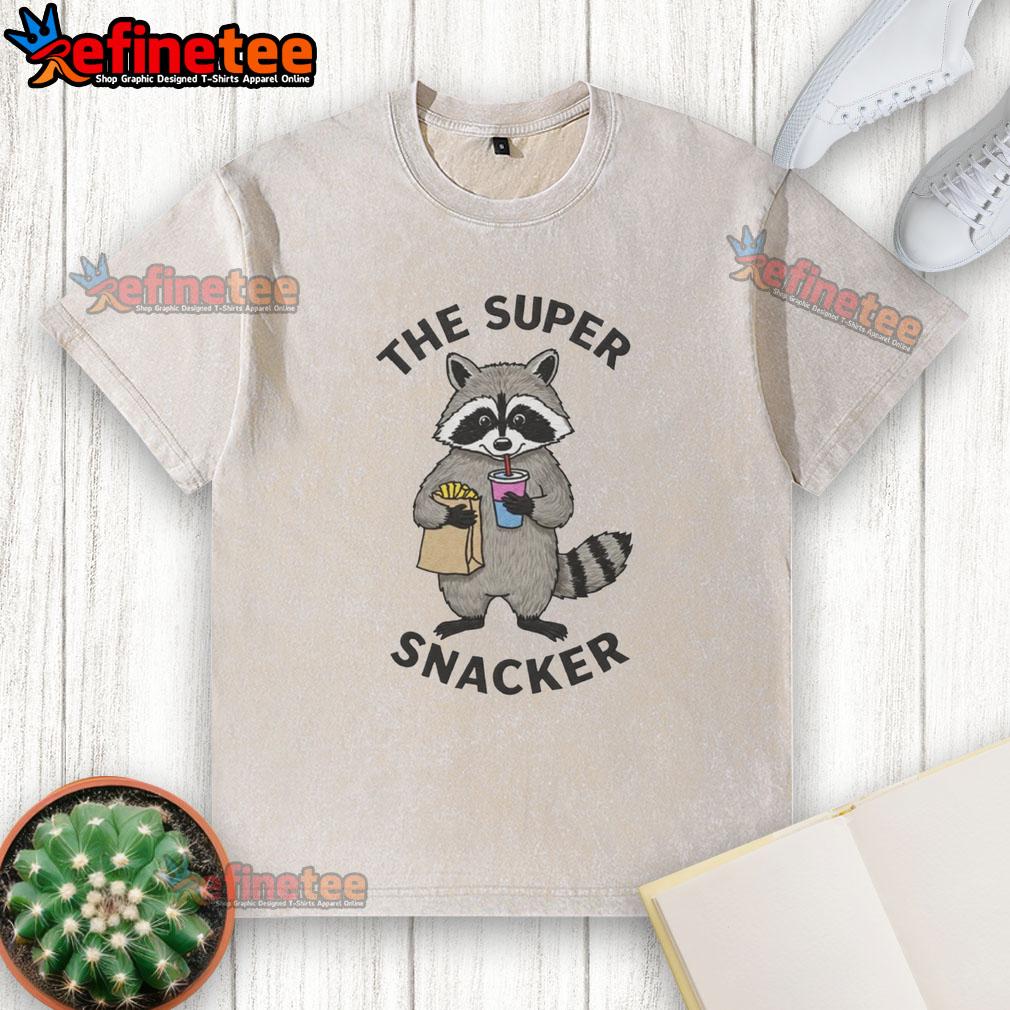 Funny Super Snacker Raccoon Washed T Shirt Funny super snacker raccoon wearing a washed t-shirt, showcasing a playful and quirky design for animal lovers.