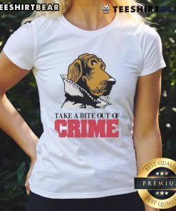 Funny Take A Bite Out Of Crime Ladies Tee featuring a playful design and vibrant colors, perfect for crime-themed apparel.