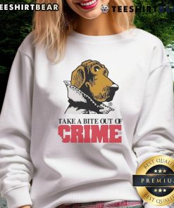 Alt Text: Funny 'Take A Bite Out Of Crime' sweatshirt design featuring vibrant colors and playful typography.