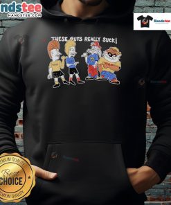 Funny Tevis and Bugghead hoodie design featuring humorous graphics and text about how 'These Guys Really Suck'.