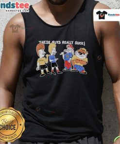 Funny Tevis and Bugghead wearing 'These Guys Really Suck' tank tops, showcasing their playful humor and style.