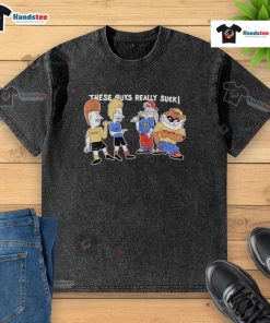 Alt Text: Funny Tevis and Bugghead in 'These Guys Really Suck' washed t-shirt, showcasing a playful and humorous design.