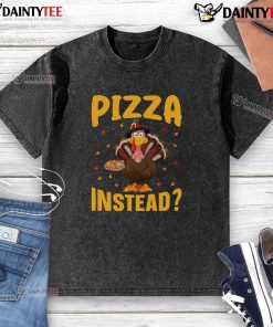 Alt Text: Funny Thanksgiving turkey pizza design on a washed t-shirt, perfect for holiday humor and festive apparel.