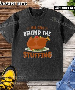 Funny guy wearing a Thanksgiving-themed washed t-shirt with stuffing design, perfect for holiday celebrations and humor.
