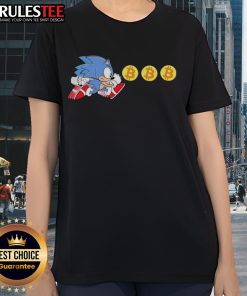 Funny Hedgehog Bitcoin Grab graphic on Sonic Ladies Tee, perfect for gamers and cryptocurrency enthusiasts.
