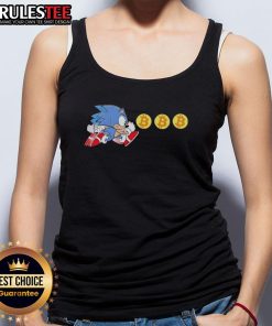 Funny hedgehog graphic on a Bitcoin-themed Sonic tank top, perfect for gamers and crypto enthusiasts.
