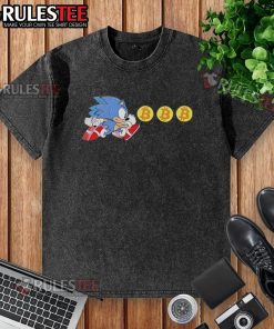Alt Text: Funny Hedgehog Bitcoin Grab graphic on a washed Sonic T-shirt, perfect for gaming and meme enthusiasts.