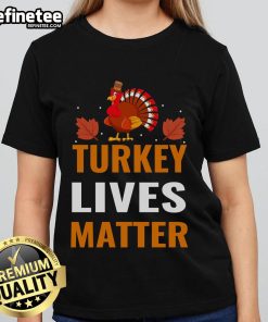 Funny Turkey Lives Matter Thanksgiving turkey protest ladies tee design featuring a cartoon turkey with a humorous slogan.