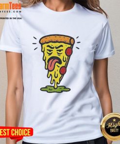 Funny Unfresh Pizza design on a melted ladies tee, perfect for pizza lovers and humor enthusiasts.