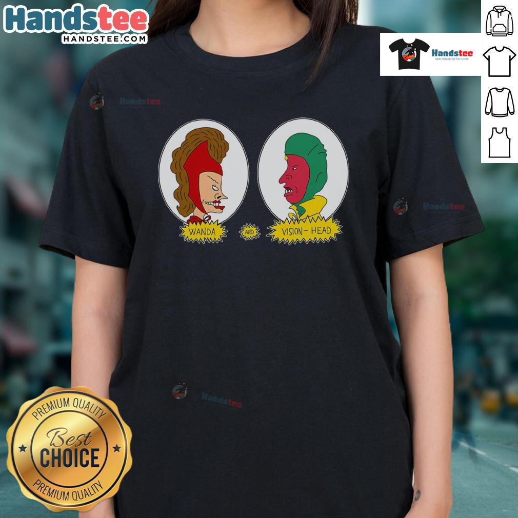 Funny Wanda And Vision Head Ladies Tee Funny Wanda and Vision head graphic on a ladies tee, perfect for Marvel fans and casual wear enthusiasts.