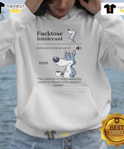 Funny Wolf Fcktose Intolerant Noun Hoodie featuring a playful wolf graphic and humorous text for food lovers.