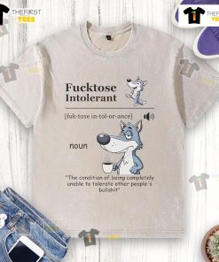Funny wolf graphic on a fcktoes intolerant washed t-shirt, perfect for animal lovers and humor enthusiasts.