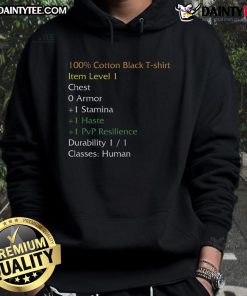 Funny WoW shirt stats hoodie featuring humorous gaming graphics and stats for World of Warcraft fans.