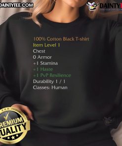 Funny WoW Shirt Stats Sweatshirt featuring playful gaming graphics and humorous text for gamers and World of Warcraft fans.