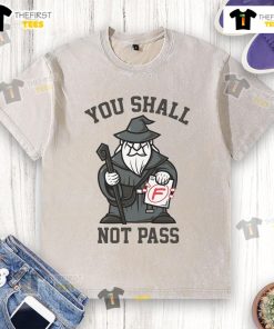 Funny 'You Shall Not Pass' wizard design on a washed t-shirt, perfect for fans of whimsical fantasy apparel.