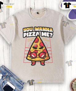 Alt Text: Funny 'You Wanna Pizza Me' Boxer Pizza T-Shirt, showcasing a playful pizza graphic on a washed tee.
