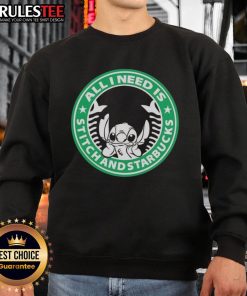 Alt Text: Cozy 'Good All I Need Is Stitch And Starbucks' sweatshirt featuring Stitch design, perfect for casual wear and Disney fans.