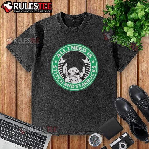 Good All I Need Is Stitch And Starbucks washed t-shirt featuring a fun graphic design for casual wear lovers.