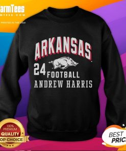 Good Andrew Harris wearing an Arkansas Razorbacks sweatshirt, showcasing team spirit and style.