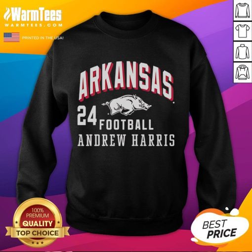 Good Andrew Harris wearing an Arkansas Razorbacks sweatshirt, showcasing team spirit and style.