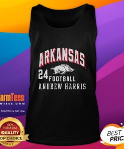 Good Andrew Harris wearing an Arkansas Razorbacks tank top, showcasing team spirit and style at a game day event.