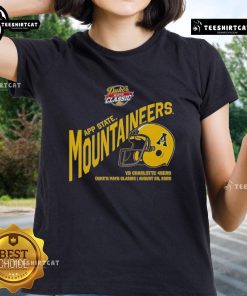Appalachian State Mountaineers football helmet on ladies tee, celebrating the 2025 Dukes Mayo Classic event.