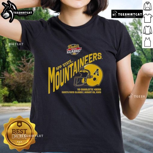 Appalachian State Mountaineers football helmet on ladies tee, celebrating the 2025 Dukes Mayo Classic event.
