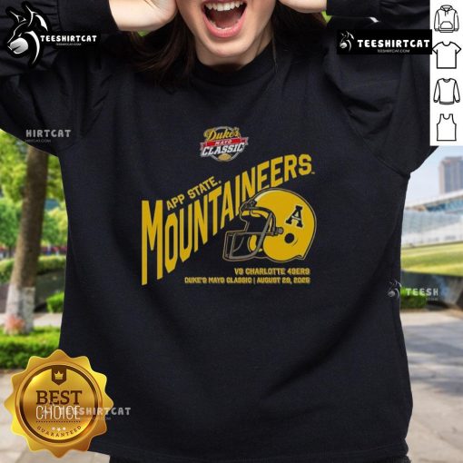Alt Text: Good Appalachian State Mountaineers Football Dukes Mayo Classic 2025 helmet sweatshirt featuring team colors and logo.