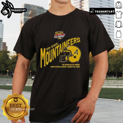 Appalachian State Mountaineers Football Duke's Mayo Classic 2025 helmet t-shirt featuring team colors and logo.