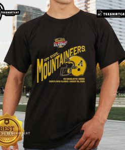 Appalachian State Mountaineers Football Duke's Mayo Classic 2025 helmet t-shirt featuring team colors and logo.