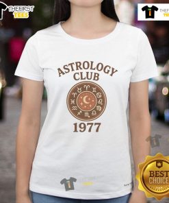 1977 retro vintage Zodiac ladies tee from Good Astrology Club featuring colorful astrological signs and a stylish design.