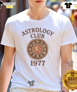 Alt Text: Retro vintage Zodiac T-shirt from Good Astrology Club 1977 featuring colorful astrological signs and a nostalgic design.