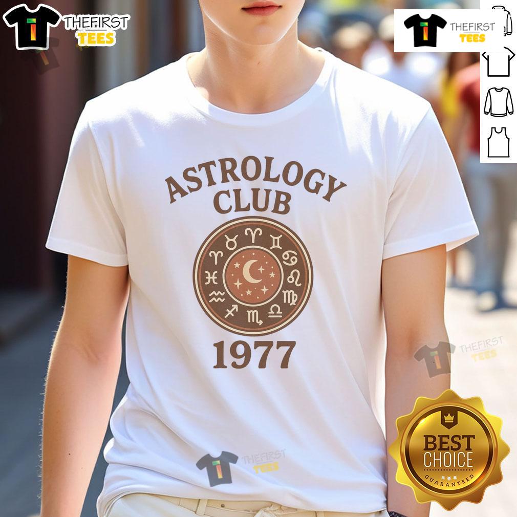 Good Astrology Club 1977 Retro Vintage Zodiac T Shirt Alt Text: Retro vintage Zodiac T-shirt from Good Astrology Club 1977 featuring colorful astrological signs and a nostalgic design.