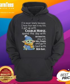 Alt Text: Baby Yoda crying in a hoodie with I'm Never Lonely slogan, featuring four men in his life.