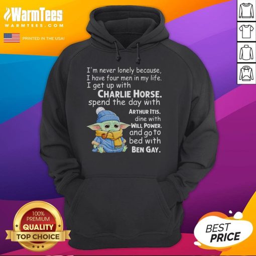 Alt Text: Baby Yoda crying in a hoodie with I'm Never Lonely slogan, featuring four men in his life.