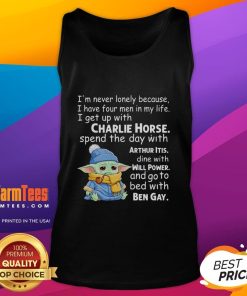 Baby Yoda crying in a tank top saying 'I'm never lonely' with four men, showcasing a humorous and relatable moment.