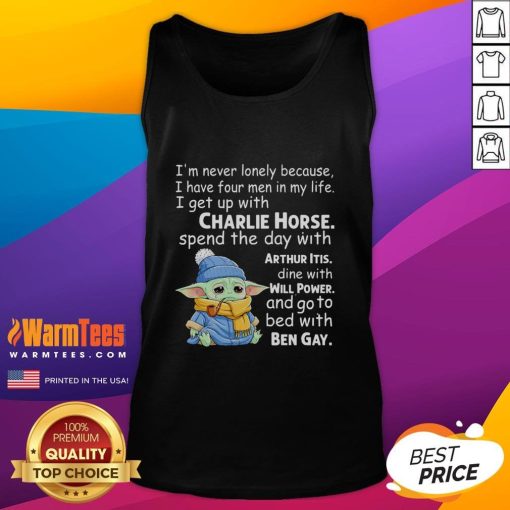 Baby Yoda crying in a tank top saying 'I'm never lonely' with four men, showcasing a humorous and relatable moment.
