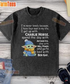Baby Yoda crying with a washed t-shirt, captioned 'I'm never lonely, I have four men in my life' a cute, relatable moment.