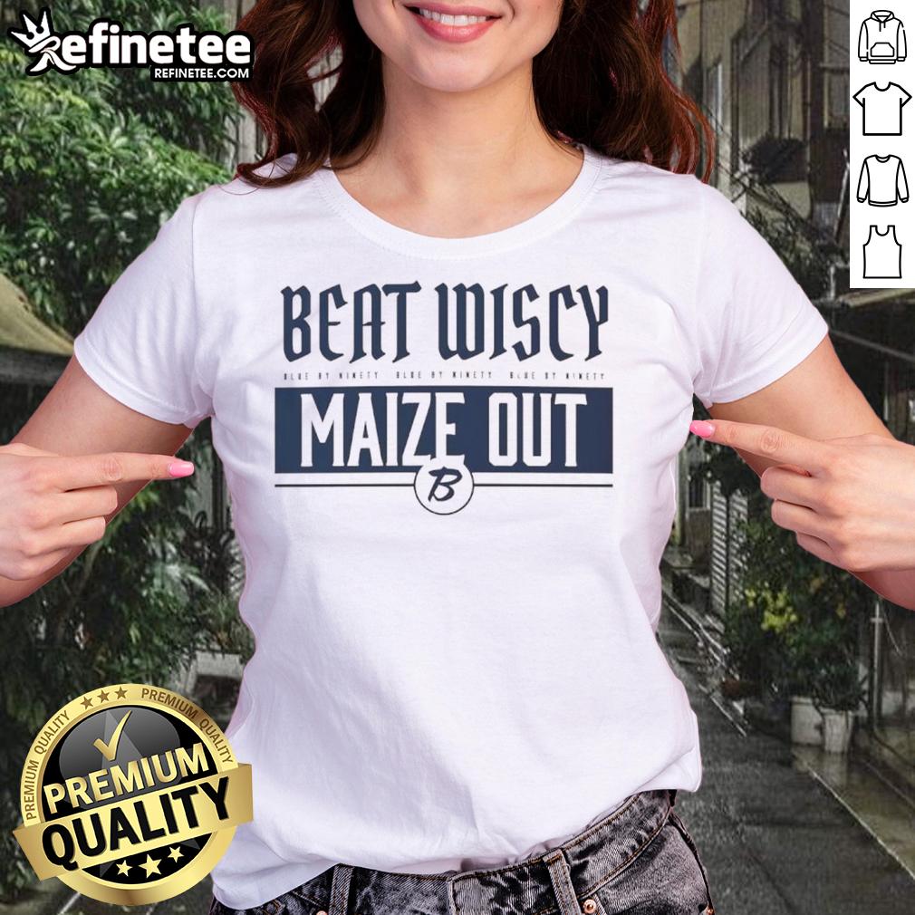 Good Beat Wiscy Maize Out Logo Ladies Tee Good Beat Wiscy Maize Out logo on a stylish ladies tee, perfect for game day and casual wear.