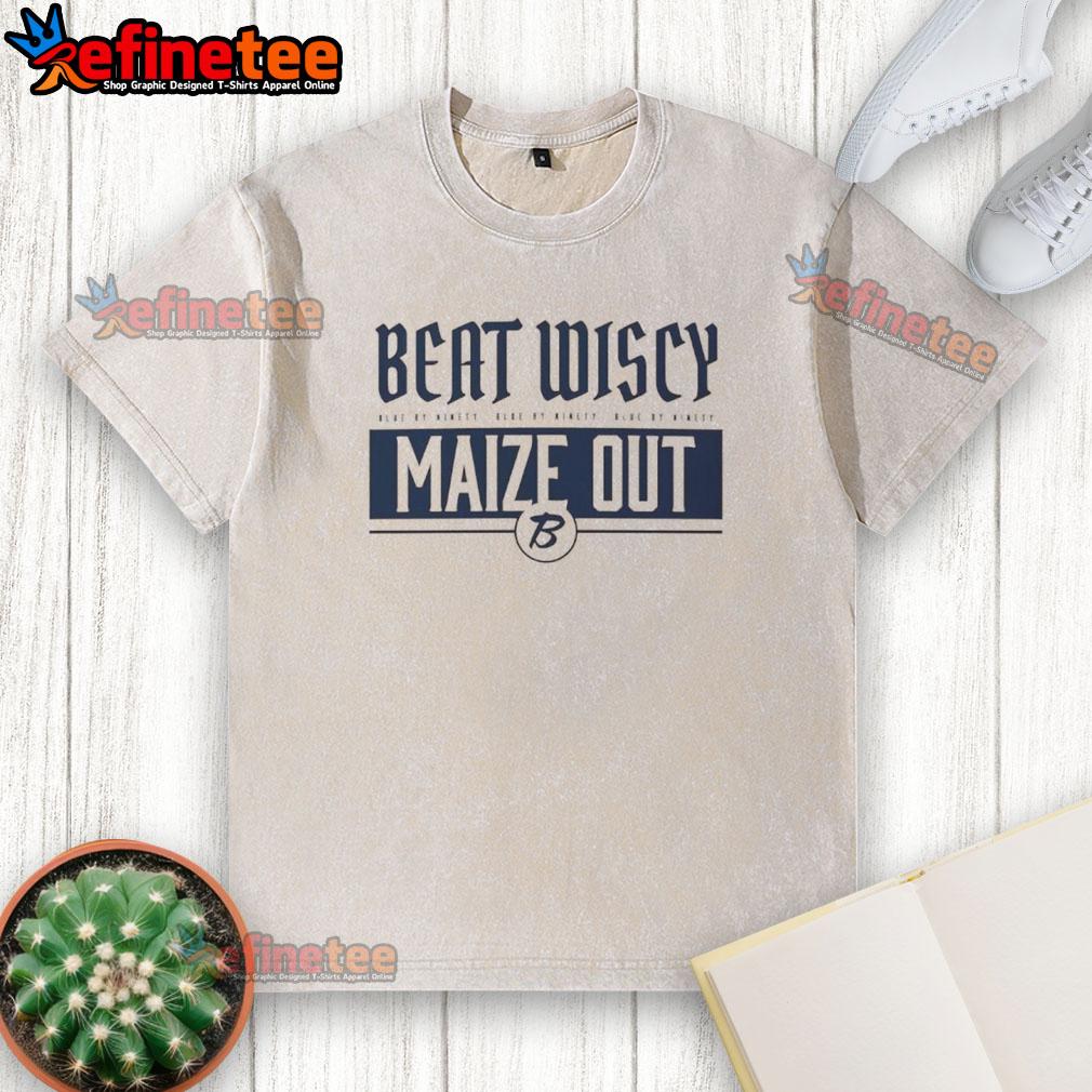 Good Beat Wiscy Maize Out Logo Washed T Shirt Alt Text: Good Beat Wiscy Maize Out logo on a washed t-shirt, perfect for casual wear and game day attire.